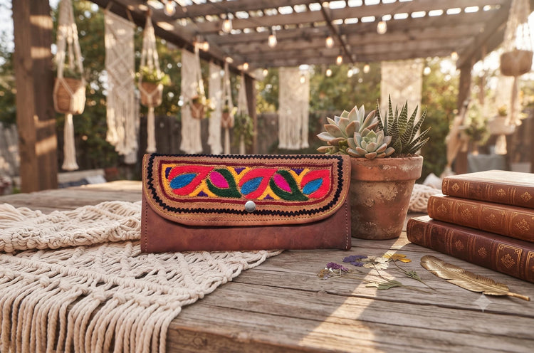 Large Boho Leather Wallet for Women, Hand Embroidered Trifold Wallet, Hippie Floral Purse, Ethnic Leather Wallet, Gift for Her