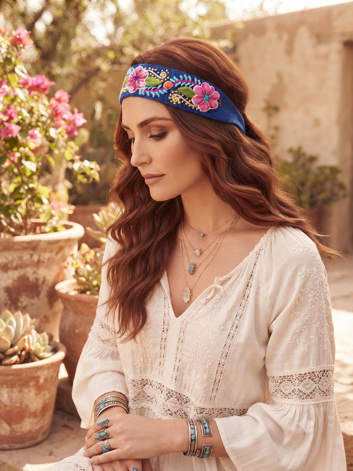 Hand Embroidered Alpaca Wool Headband: Boho Hippie Hair Accessory
