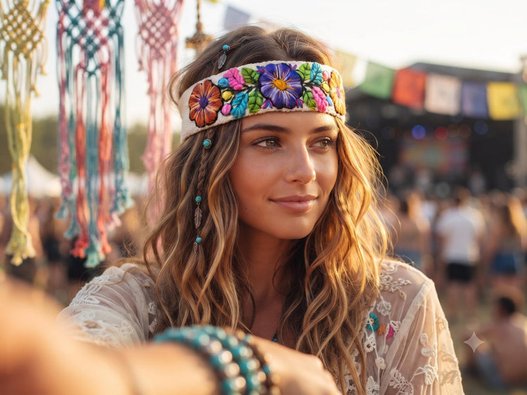 Hand Embroidered Alpaca Wool Headband: Boho Hippie Hair Accessory