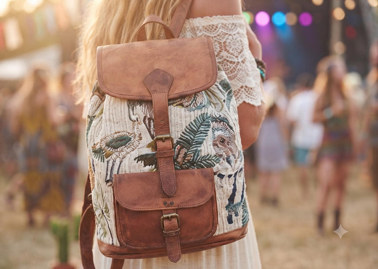 Floral Leather Backpack, Large Boho Rucksack, Hippie Flower Backpack, Botanical Tapestry Bag, 15 Inch Laptop Backpack, Vintage Style