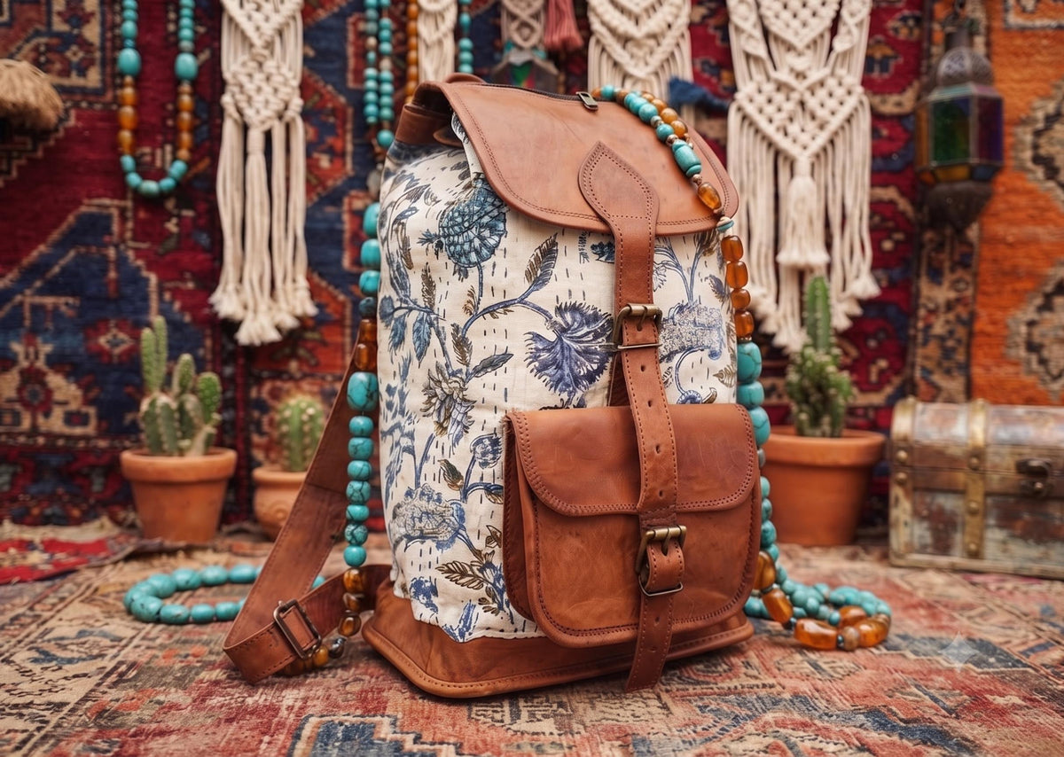 Floral Leather Backpack, Large Boho Rucksack, Hippie Flower Backpack, Botanical Tapestry Bag, 15 Inch Laptop Backpack, Vintage Style