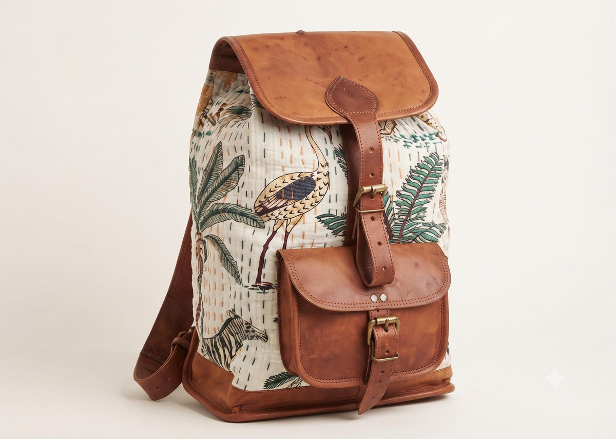 Botanical Jungle Leather Backpack: Leopard Parrot Print Boho Rucksack