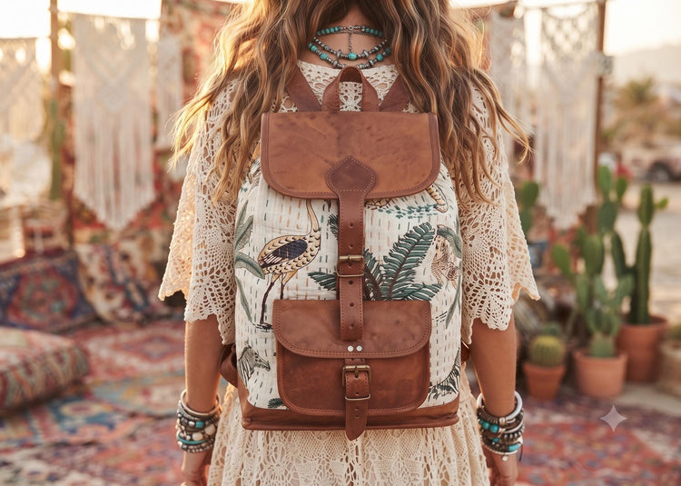 Botanical Jungle Leather Backpack: Leopard Parrot Print Boho Rucksack