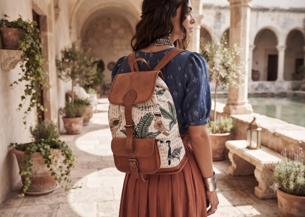 Botanical Jungle Leather Backpack: Leopard Parrot Print Boho Rucksack