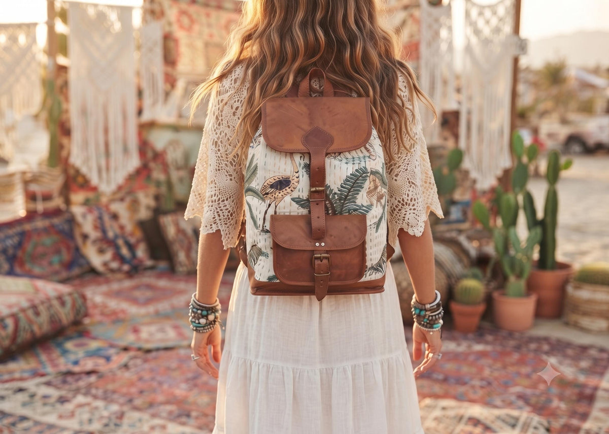 Botanical Jungle Leather Backpack: Leopard Parrot Print Boho Rucksack