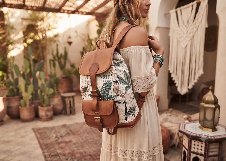 Botanical Jungle Leather Backpack: Leopard Parrot Print Boho Rucksack