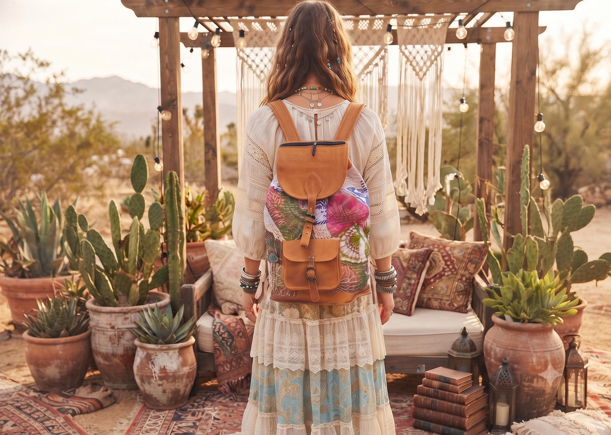 Floral Leather Backpack, Large Boho Rucksack, Hippie Flower Backpack, Botanical Tapestry Bag, 15 Inch Laptop Backpack, Vintage Style