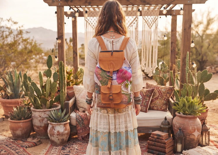 Floral Leather Backpack, Large Boho Rucksack, Hippie Flower Backpack, Botanical Tapestry Bag, 15 Inch Laptop Backpack, Vintage Style