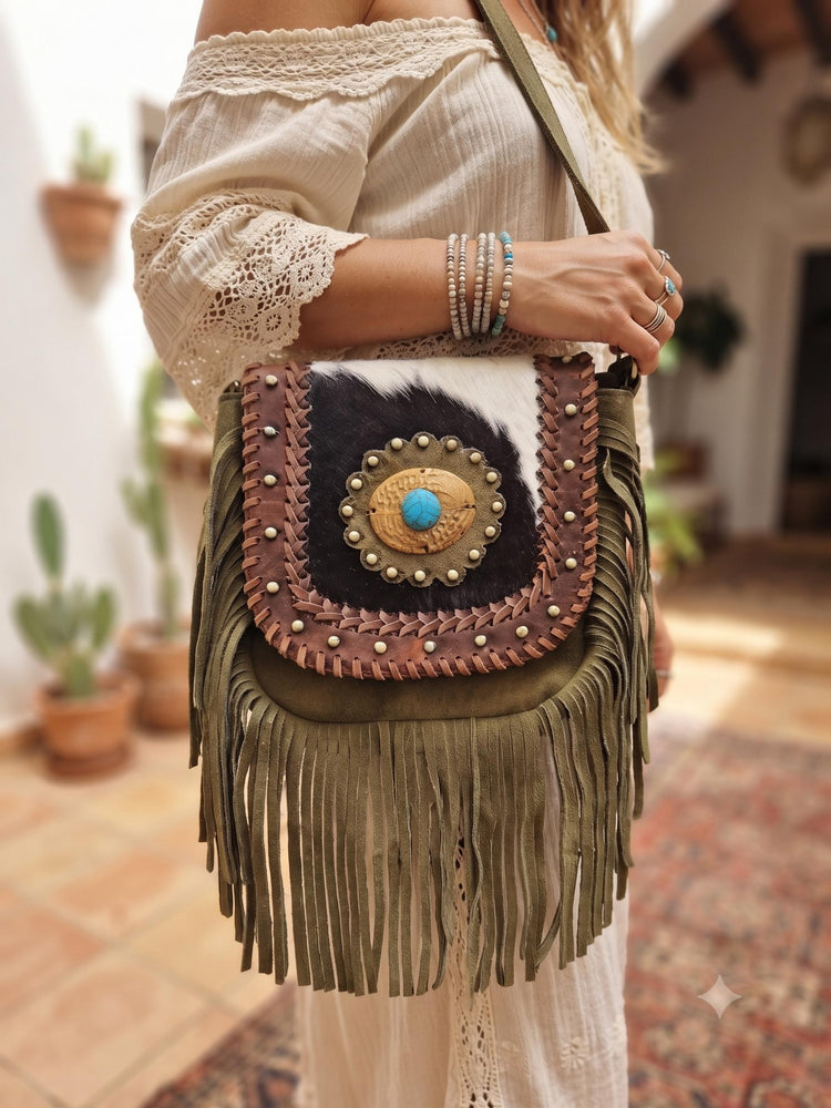 Fringe Leather Crossbody Bag, Cowhide Western Purse, Boho Festival Bag, Olive Suede Shoulder Tote, Hippie Tassel Handbag
