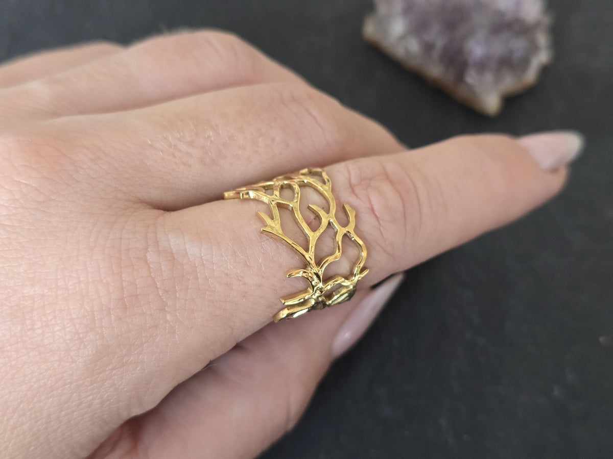 Gold Floral Lace Filigree Ring: Adjustable Gothic Boho Band