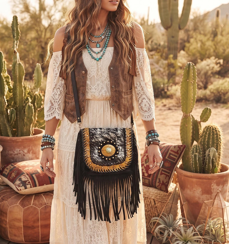 Fringe Leather Crossbody Bag, Cowhide Western Purse, Boho Festival Bag, Black Suede Shoulder Tote, Hippie Tassel Handbag