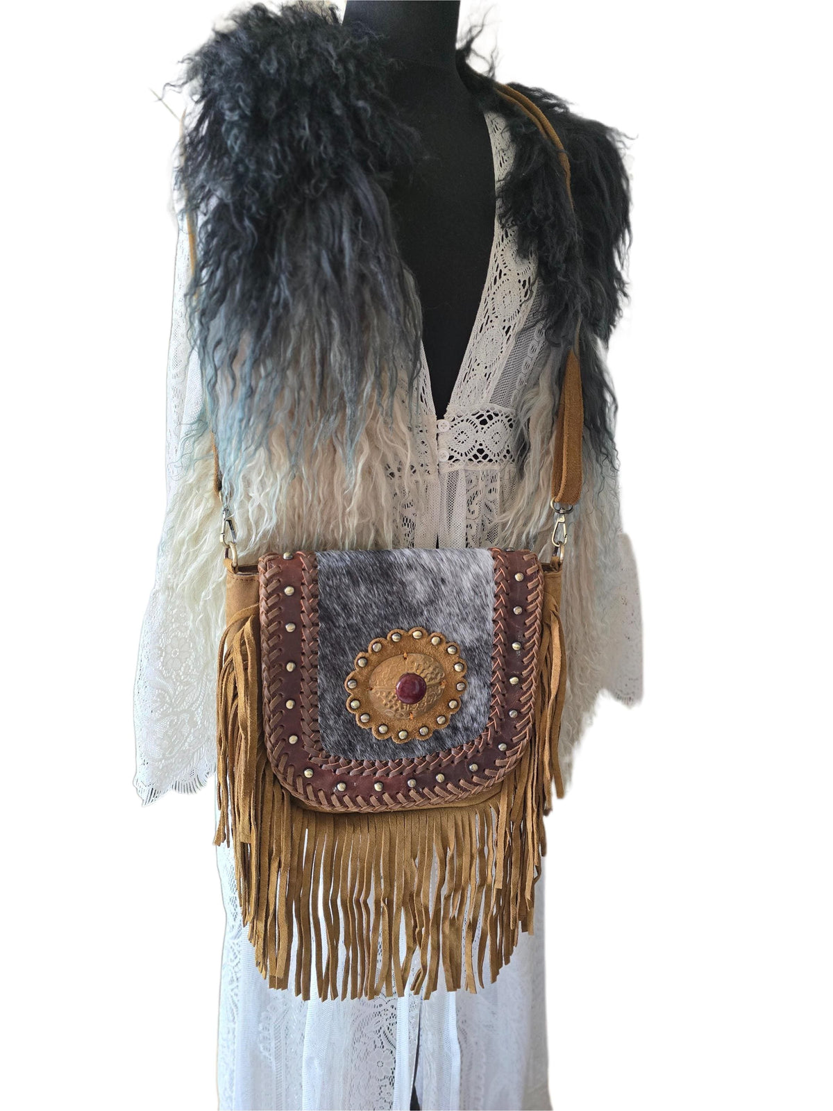 Boho Fringe Leather Crossbody Bag, Cowhide Western Purse, Tan Brown Cowgirl Bag, Hippie Festival Tassel Handbag