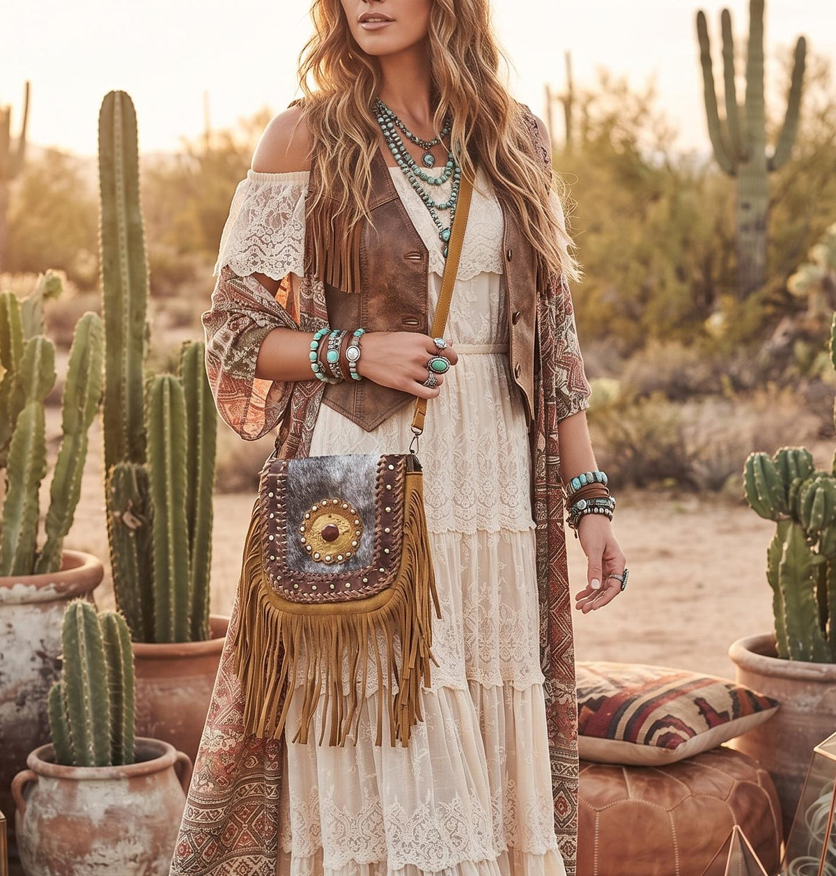 Boho Fringe Leather Crossbody Bag, Cowhide Western Purse, Tan Brown Cowgirl Bag, Hippie Festival Tassel Handbag