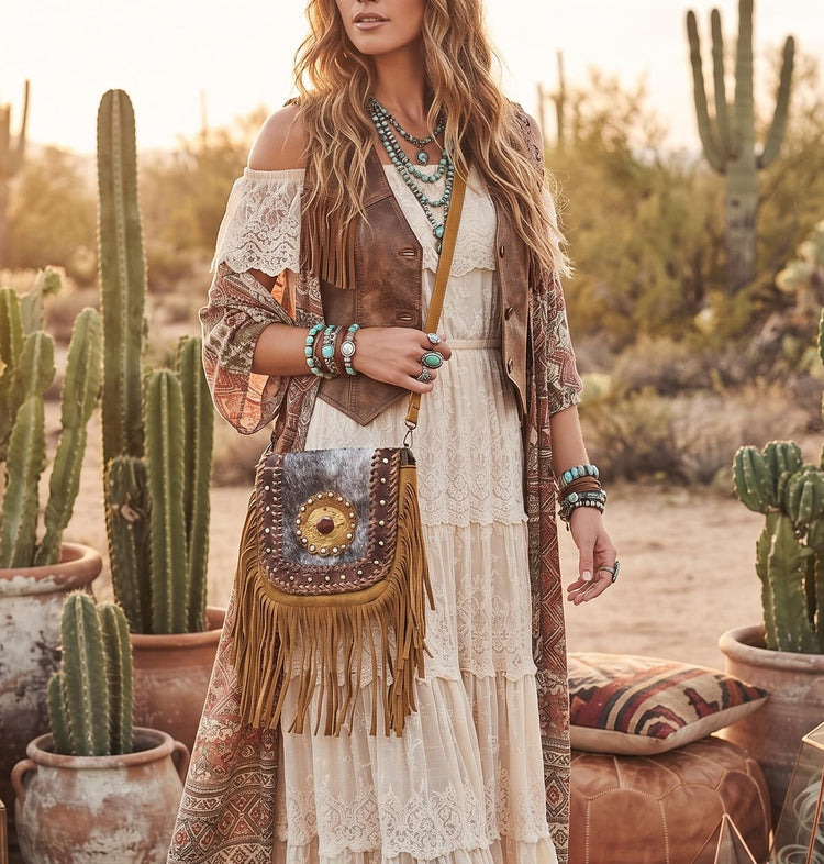 Boho Fringe Leather Crossbody Bag, Cowhide Western Purse, Tan Brown Cowgirl Bag, Hippie Festival Tassel Handbag