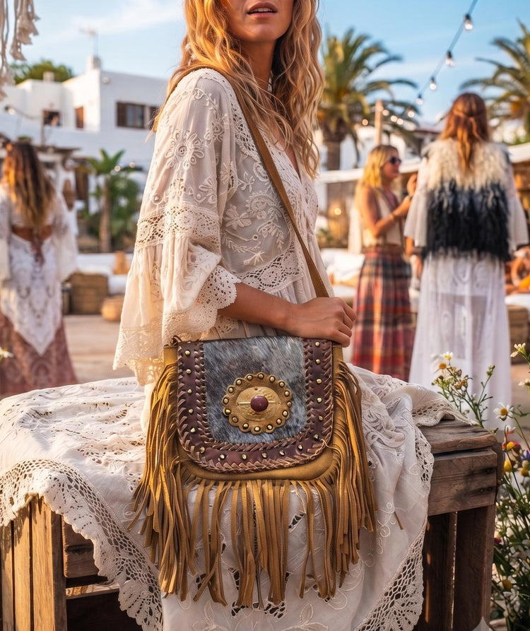 Boho Fringe Leather Crossbody Bag, Cowhide Western Purse, Tan Brown Cowgirl Bag, Hippie Festival Tassel Handbag
