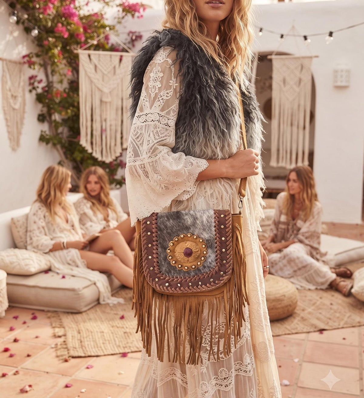 Boho Fringe Leather Crossbody Bag, Cowhide Western Purse, Tan Brown Cowgirl Bag, Hippie Festival Tassel Handbag