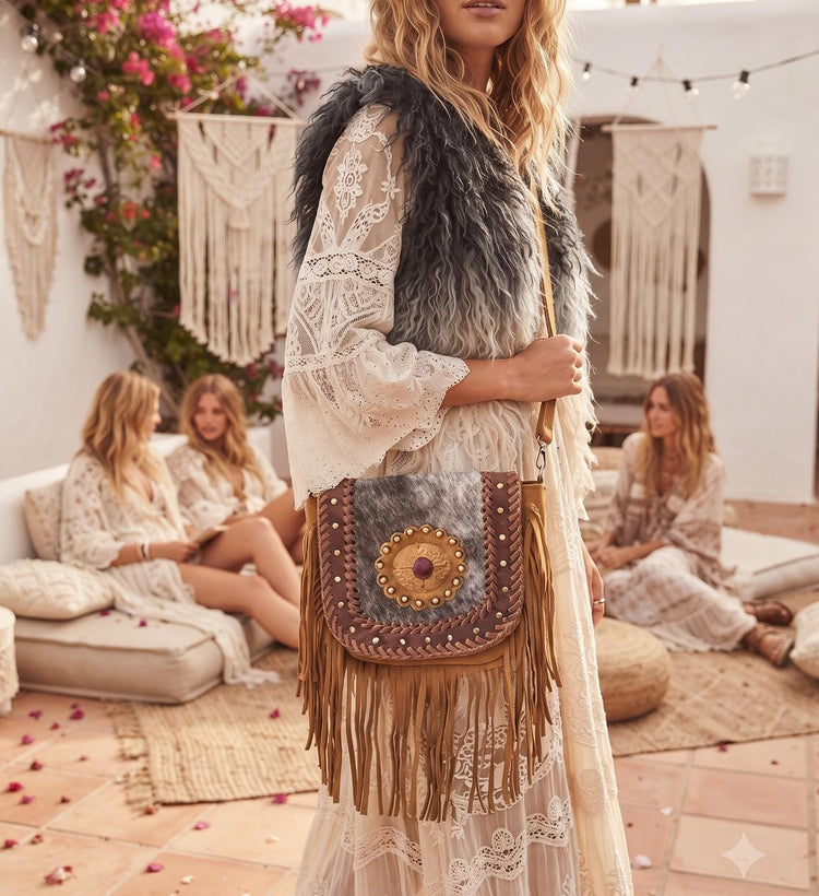 Boho Fringe Leather Crossbody Bag, Cowhide Western Purse, Tan Brown Cowgirl Bag, Hippie Festival Tassel Handbag