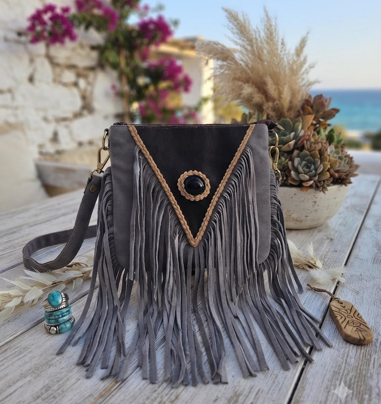 Grey Fringe Leather Crossbody Bag, Black Cowhide Purse, Boho Western Bag, Hippie Festival Handbag, Cowgirl Fringe Bag