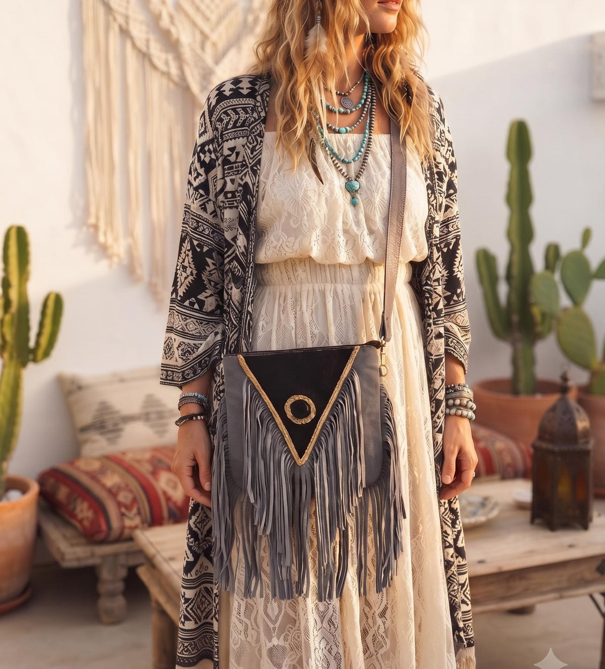 Grey Fringe Leather Crossbody Bag, Black Cowhide Purse, Boho Western Bag, Hippie Festival Handbag, Cowgirl Fringe Bag