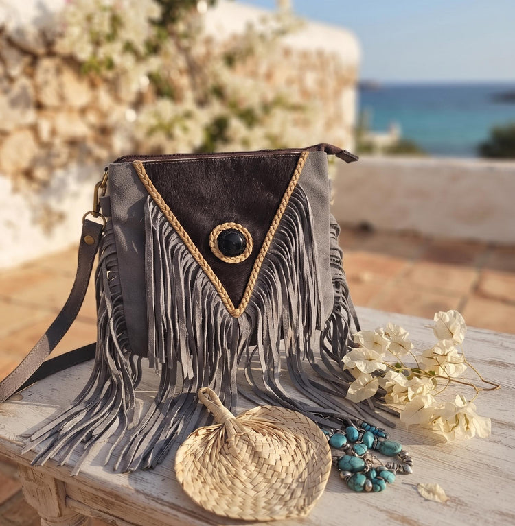 Grey Fringe Leather Crossbody Bag, Black Cowhide Purse, Boho Western Bag, Hippie Festival Handbag, Cowgirl Fringe Bag