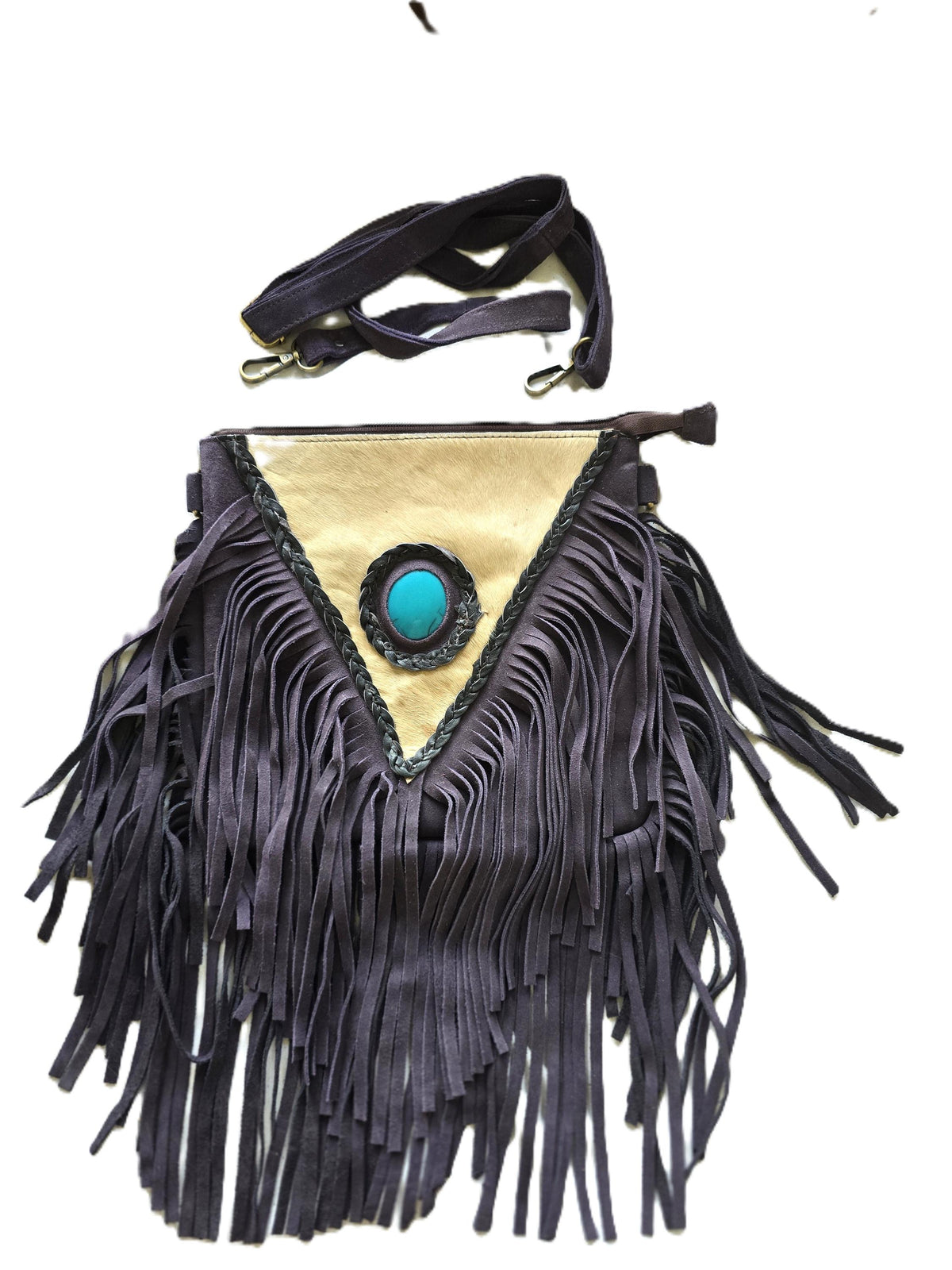 Purple Fringe Leather Crossbody Bag, White Cowhide Purse, Turquoise Boho Western Bag, Hippie Festival Handbag, Cowgirl Purse