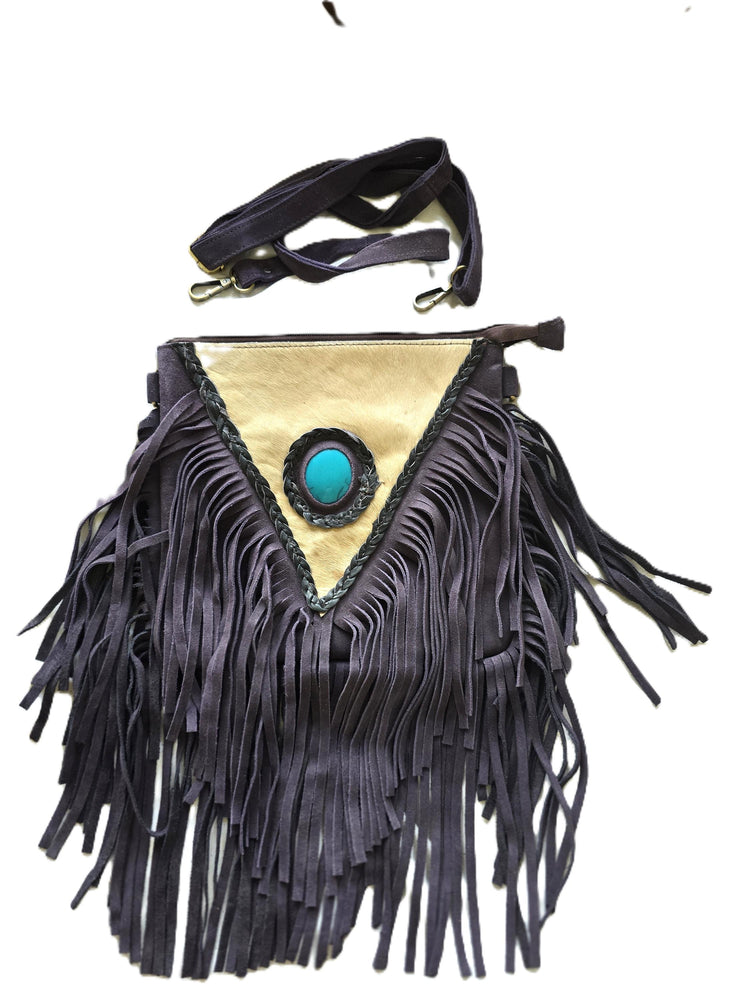 Purple Fringe Leather Crossbody Bag, White Cowhide Purse, Turquoise Boho Western Bag, Hippie Festival Handbag, Cowgirl Purse