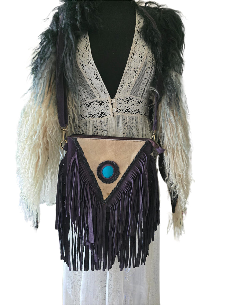 Purple Fringe Leather Crossbody Bag, White Cowhide Purse, Turquoise Boho Western Bag, Hippie Festival Handbag, Cowgirl Purse