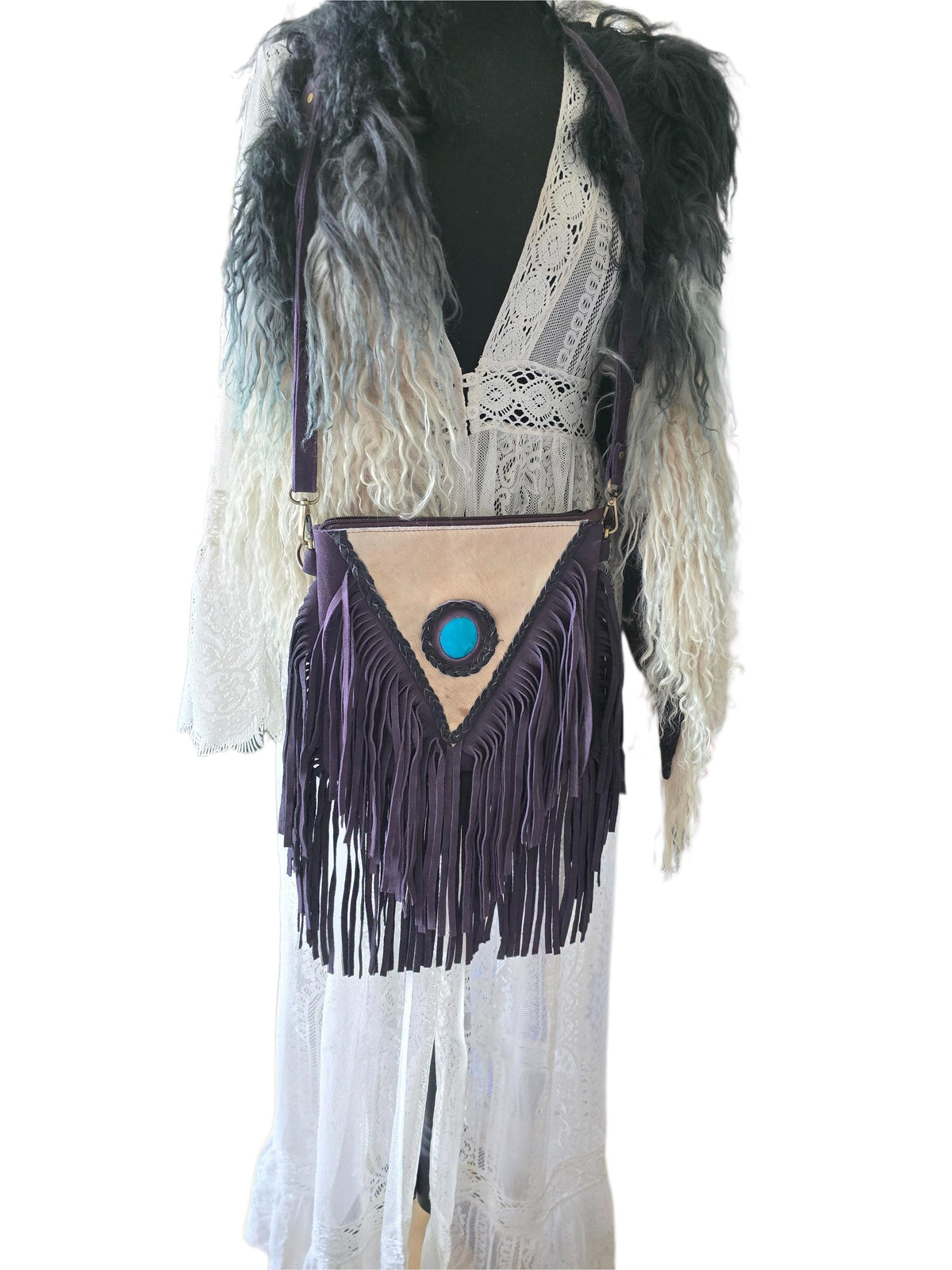 Purple Fringe Leather Crossbody Bag, White Cowhide Purse, Turquoise Boho Western Bag, Hippie Festival Handbag, Cowgirl Purse