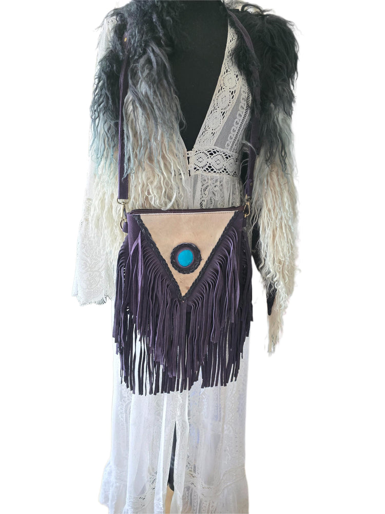 Purple Fringe Leather Crossbody Bag, White Cowhide Purse, Turquoise Boho Western Bag, Hippie Festival Handbag, Cowgirl Purse