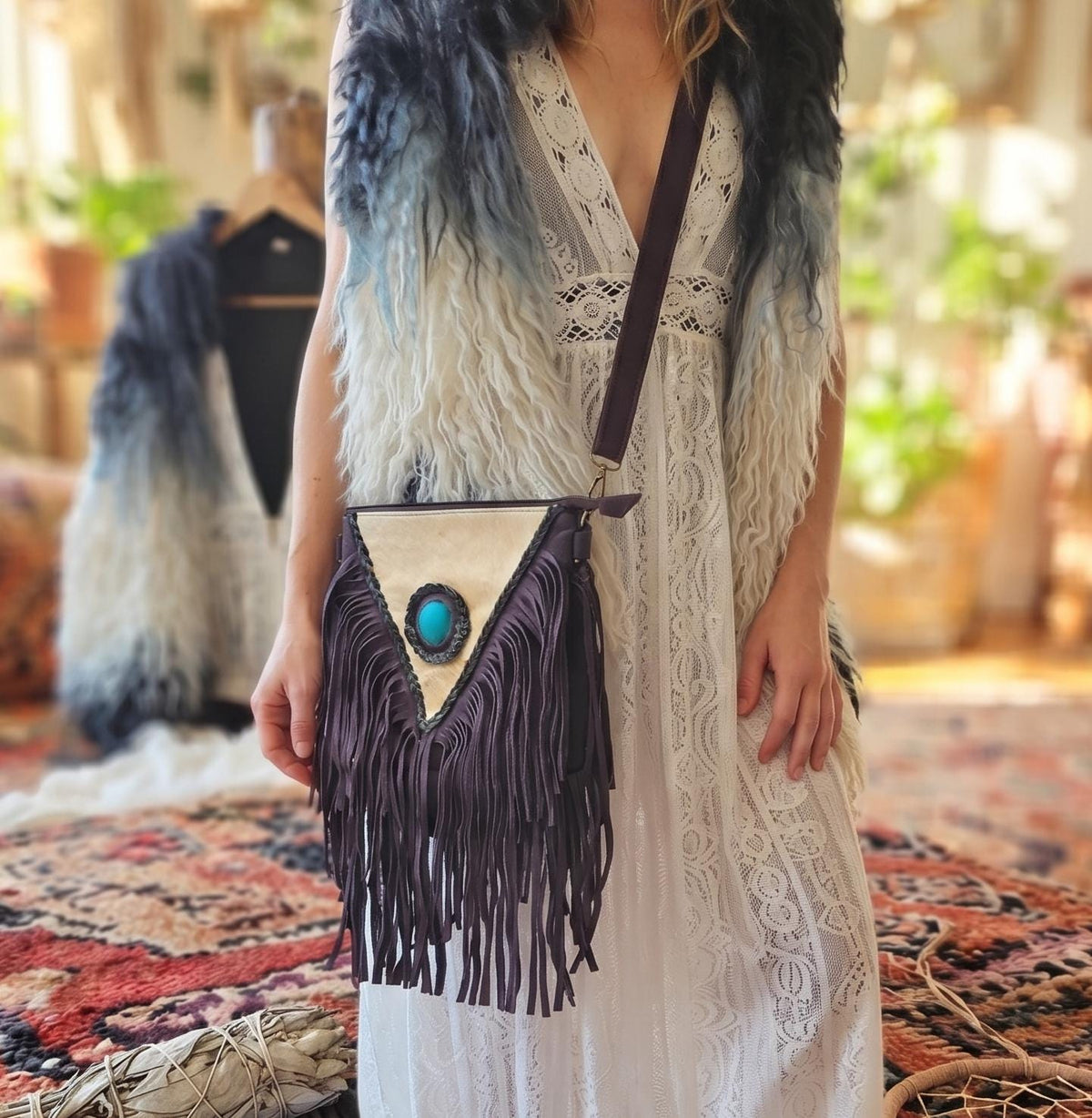 Purple Fringe Leather Crossbody Bag, White Cowhide Purse, Turquoise Boho Western Bag, Hippie Festival Handbag, Cowgirl Purse