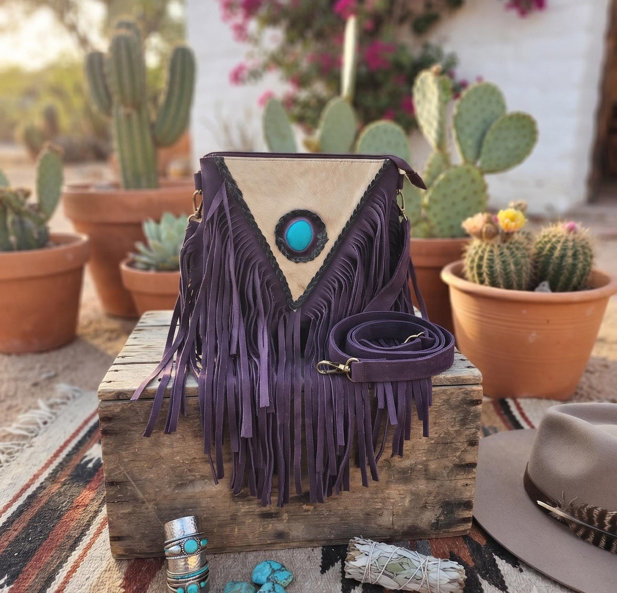 Purple Fringe Leather Crossbody Bag, White Cowhide Purse, Turquoise Boho Western Bag, Hippie Festival Handbag, Cowgirl Purse