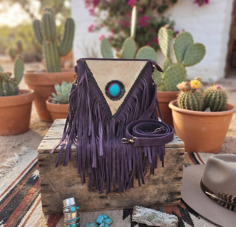 Purple Fringe Leather Crossbody Bag, White Cowhide Purse, Turquoise Boho Western Bag, Hippie Festival Handbag, Cowgirl Purse