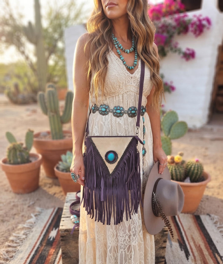 Purple Fringe Leather Crossbody Bag, White Cowhide Purse, Turquoise Boho Western Bag, Hippie Festival Handbag, Cowgirl Purse