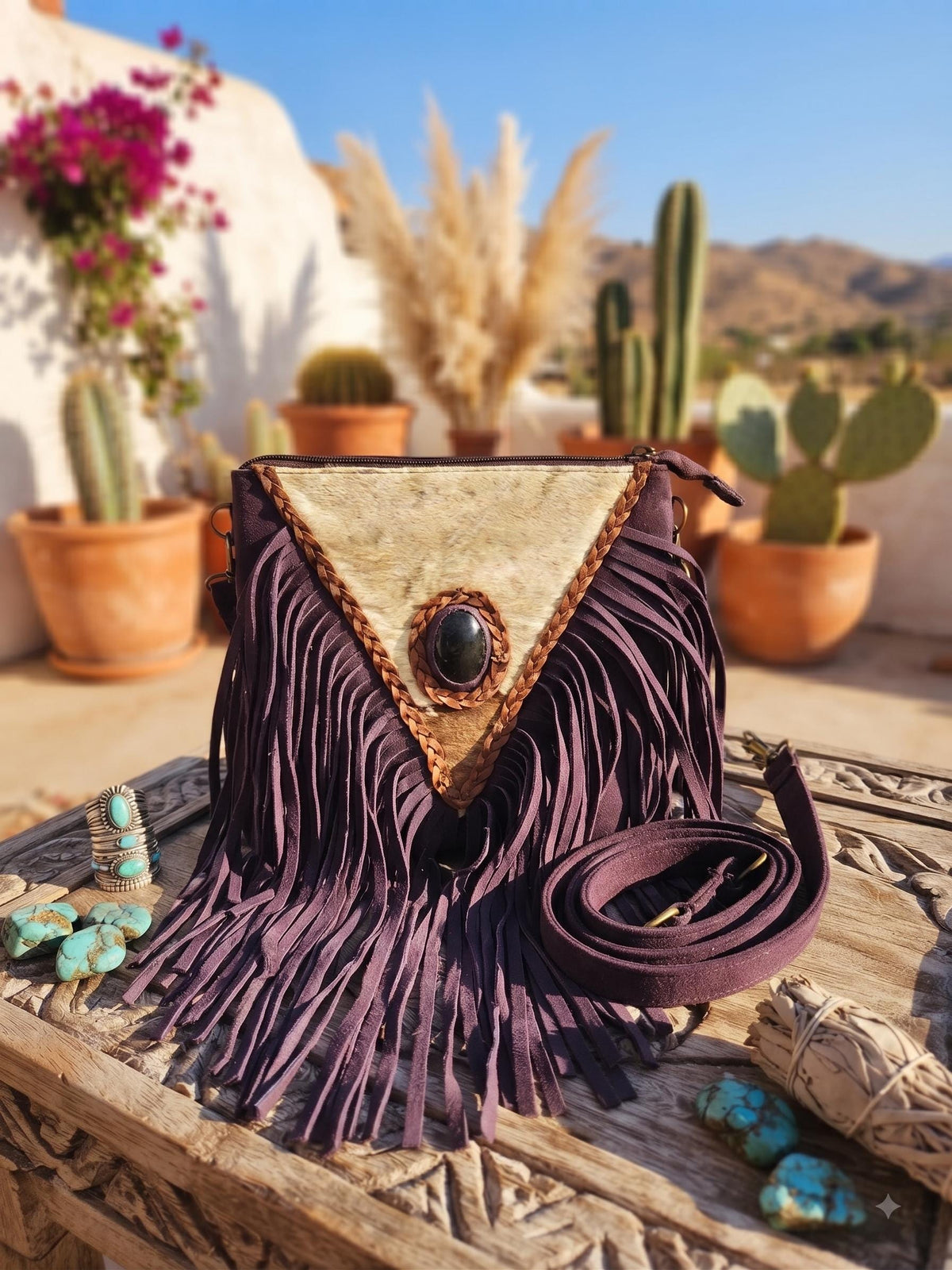 Purple Fringe Leather Crossbody Bag, Cowhide Western Purse, Boho Hippie Festival Bag, Purple Suede Shoulder Bag, Cowgirl Handbag