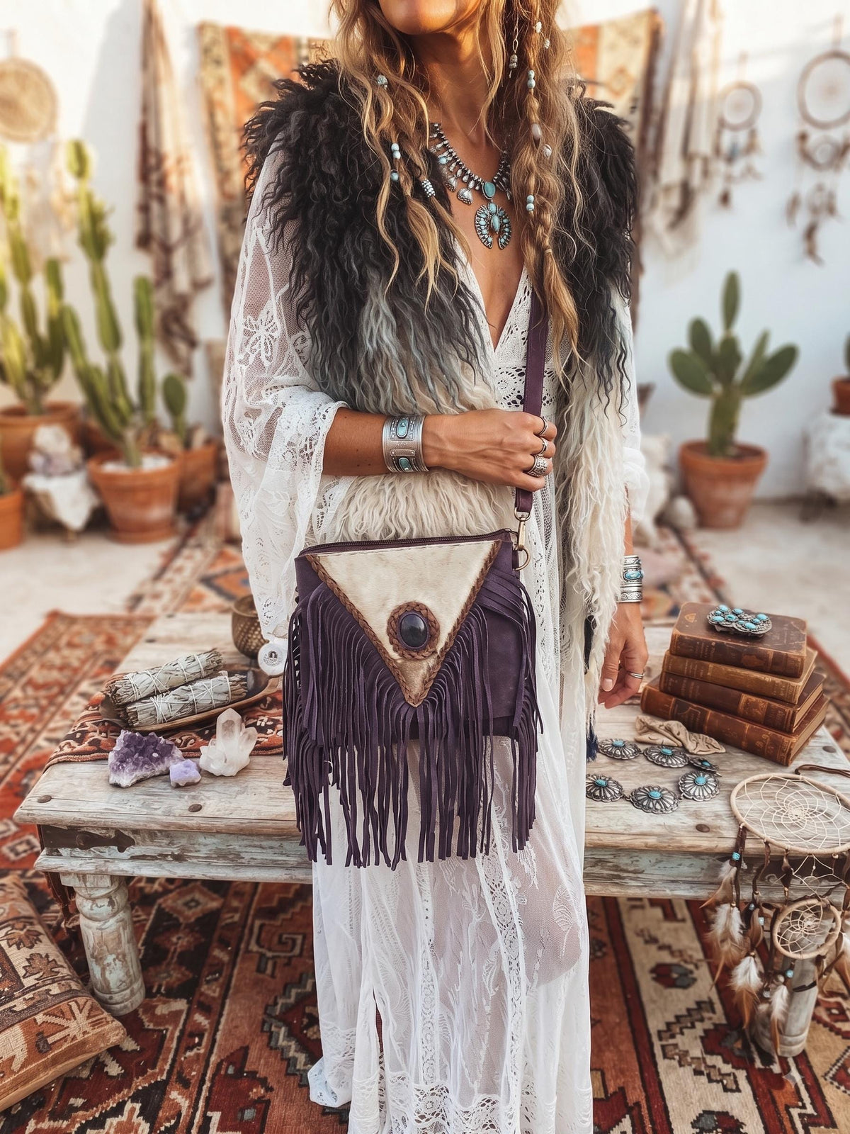Purple Fringe Leather Crossbody Bag, Cowhide Western Purse, Boho Hippie Festival Bag, Purple Suede Shoulder Bag, Cowgirl Handbag