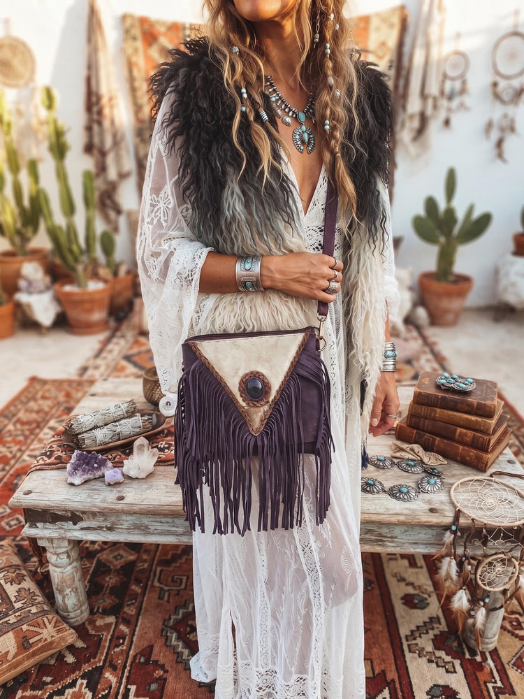 Purple Fringe Leather Crossbody Bag, Cowhide Western Purse, Boho Hippie Festival Bag, Purple Suede Shoulder Bag, Cowgirl Handbag