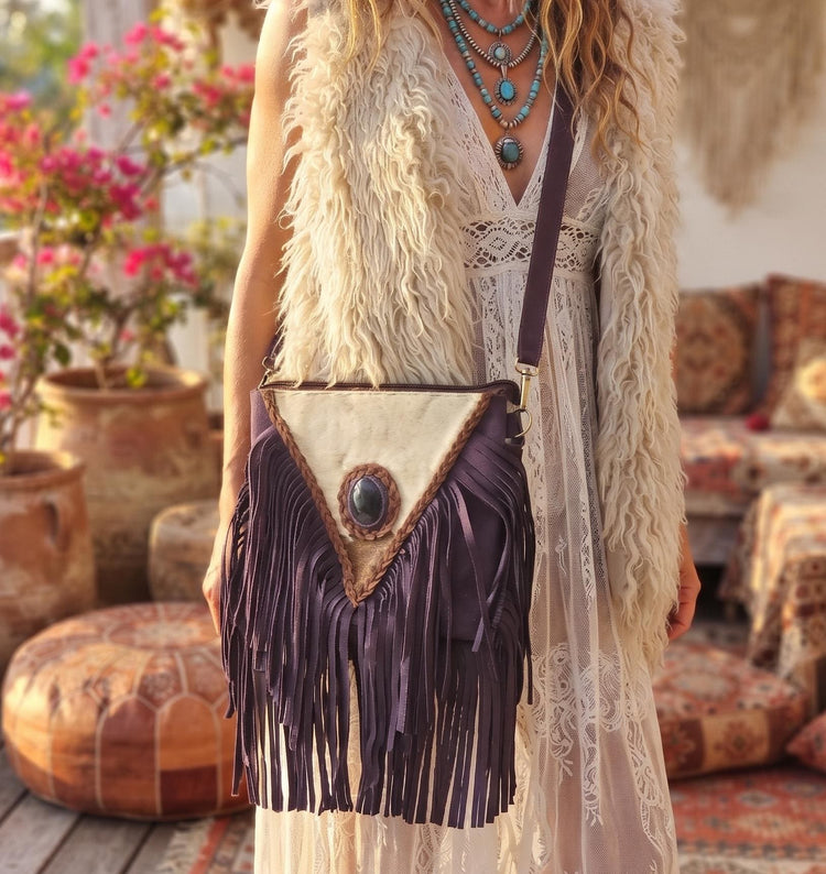 Purple Fringe Leather Crossbody Bag, Cowhide Western Purse, Boho Hippie Festival Bag, Purple Suede Shoulder Bag, Cowgirl Handbag