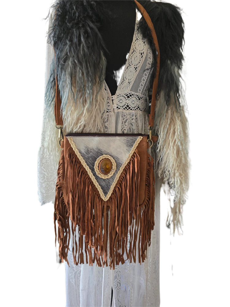 Hair On Cowhide Shoulder Bag, Western Leather Purse, Suede Crossbody Bag, Amber Stone Handbag, Rustic Festival Bag, Artisan Satchel