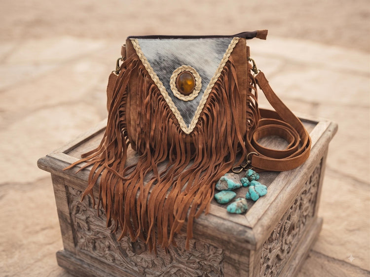 Hair On Cowhide Shoulder Bag, Western Leather Purse, Suede Crossbody Bag, Amber Stone Handbag, Rustic Festival Bag, Artisan Satchel