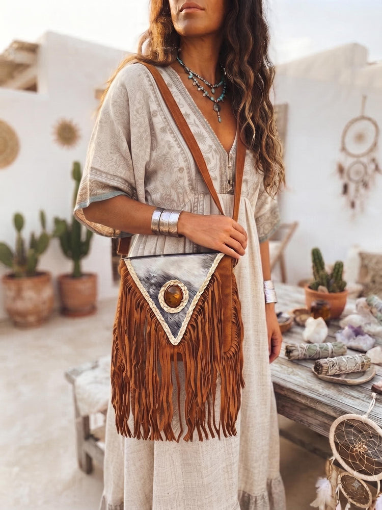 Hair On Cowhide Shoulder Bag, Western Leather Purse, Suede Crossbody Bag, Amber Stone Handbag, Rustic Festival Bag, Artisan Satchel