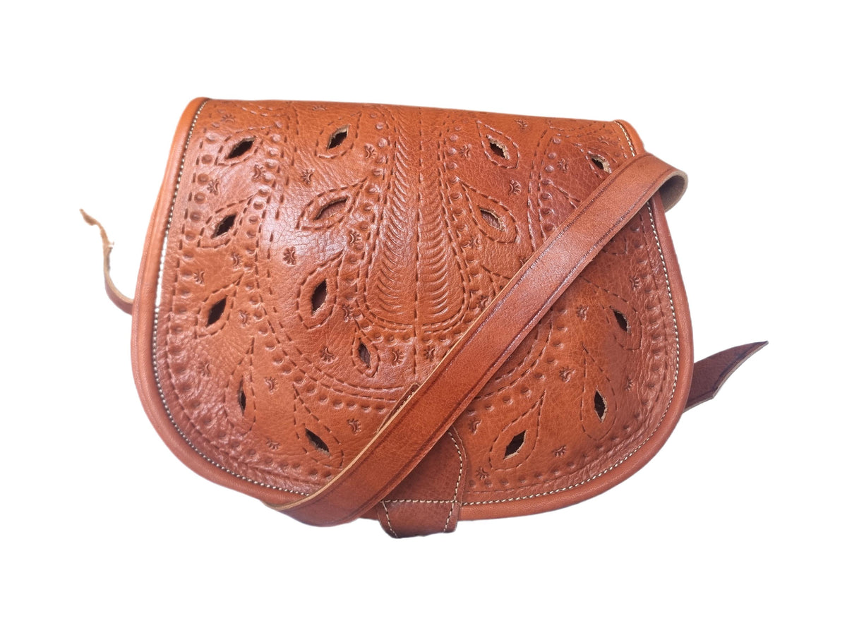 Moroccan Leather Crossbody Bag Floral Cut Out Boho Purse Handmade Berber Shoulder Bag Tan Brown Festival Satchel