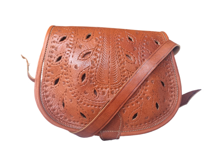 Moroccan Leather Crossbody Bag Floral Cut Out Boho Purse Handmade Berber Shoulder Bag Tan Brown Festival Satchel