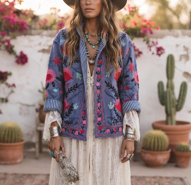 Floral Embroidered Cotton Boho Jacket, Festival Folk Coat, Multicoloured Hippie Festival Jacket, Unique Artisan Gift