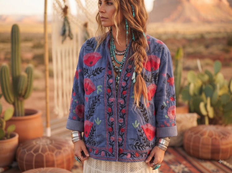 Floral Embroidered Cotton Boho Jacket, Festival Folk Coat, Multicoloured Hippie Festival Jacket, Unique Artisan Gift