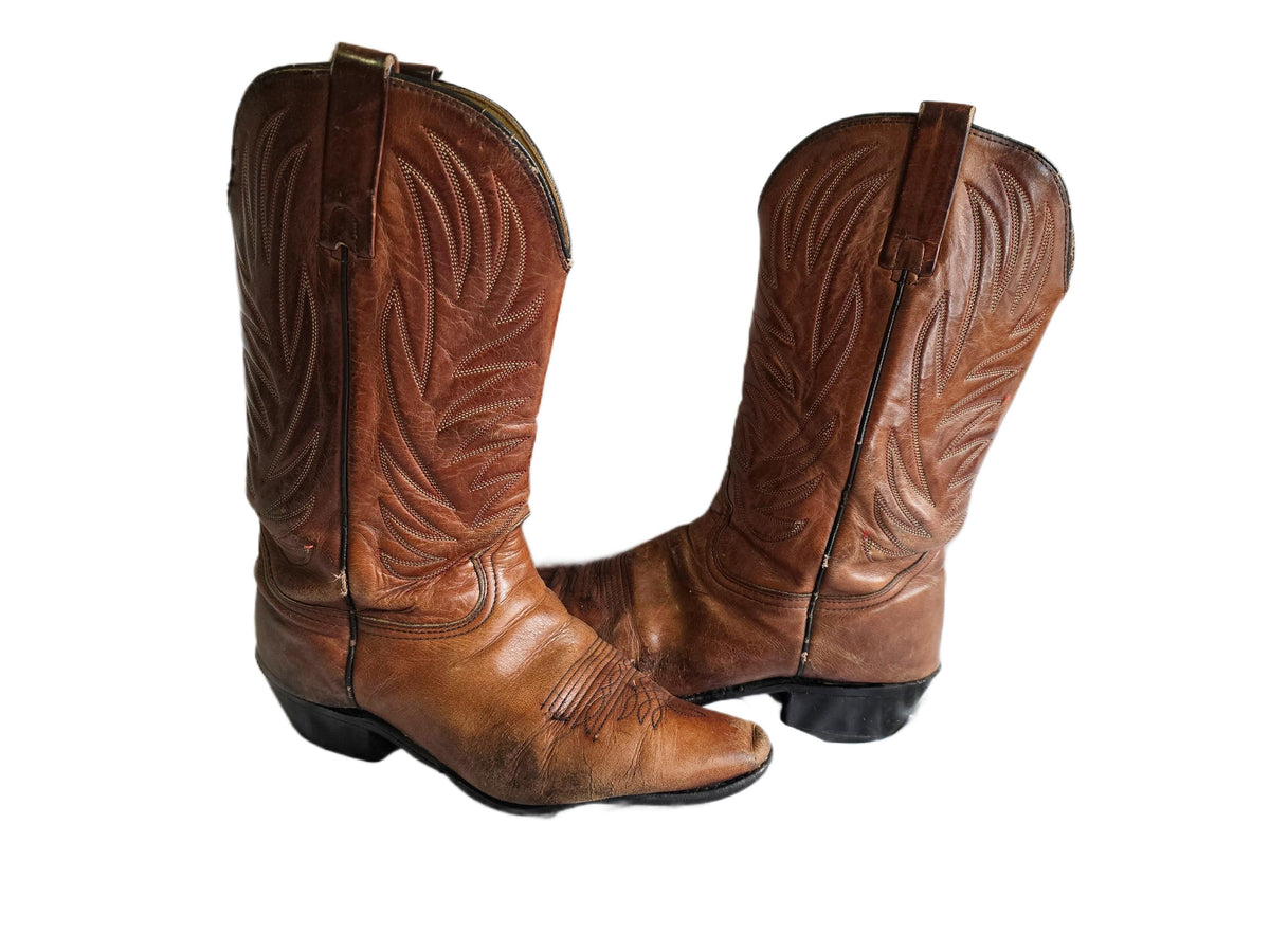 Rustic Leather Cowboy Boots Men UK 8.5, Tan Brown USA Made Western Wear, Rodeo Outfit, Mens Country Boots, US 9.5
