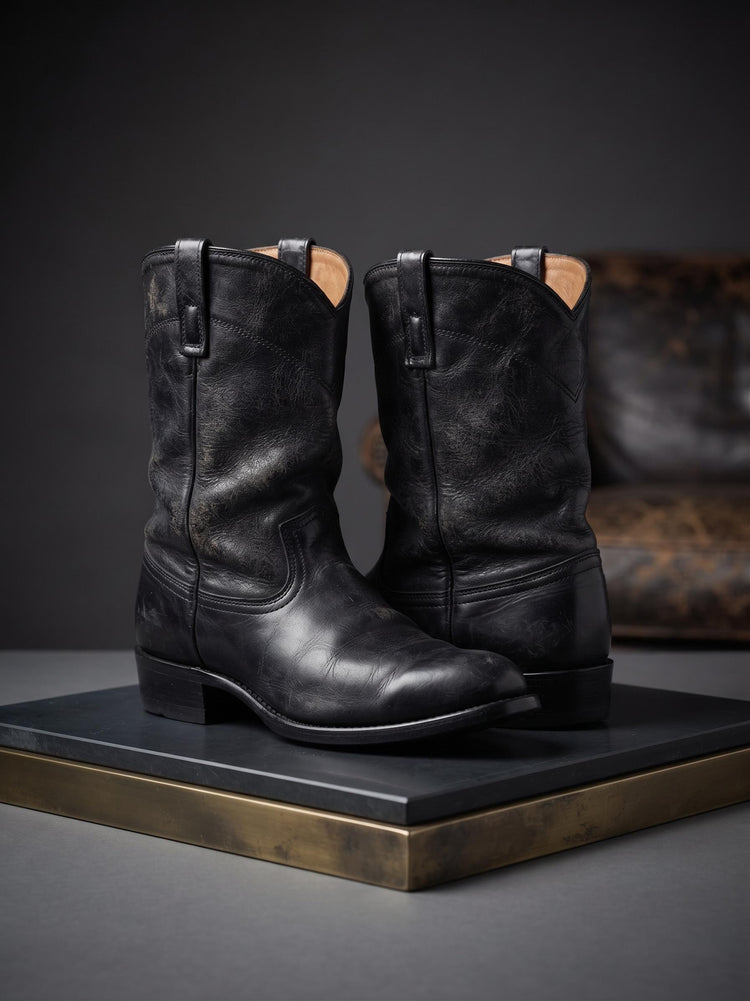 Vintage Black Leather Biker Boots 7 8, Unisex Western Cowboy Boots 41 42, USA Made Riding Boots, Pull On Work Boots, Classic Ankle Boots