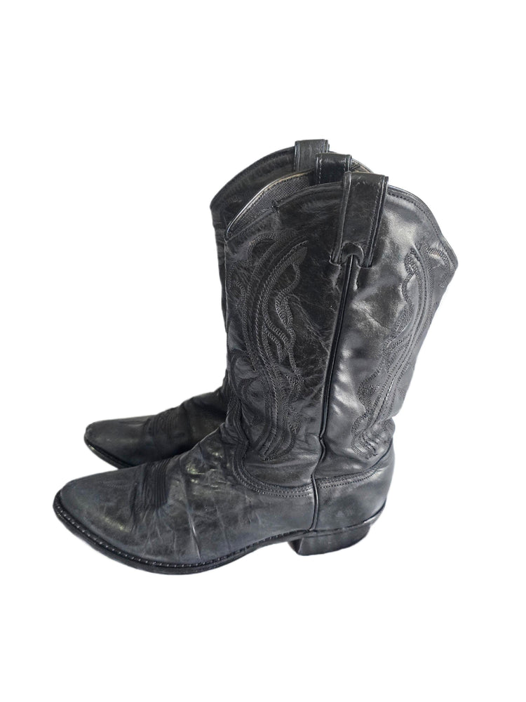 Vintage Black Leather Cowboy Boots Women UK 6-6.5, Western Cowgirl Boots US 8-8.5, Rustic Biker Boots, Genuine Leather Riding Boots 39-39.5