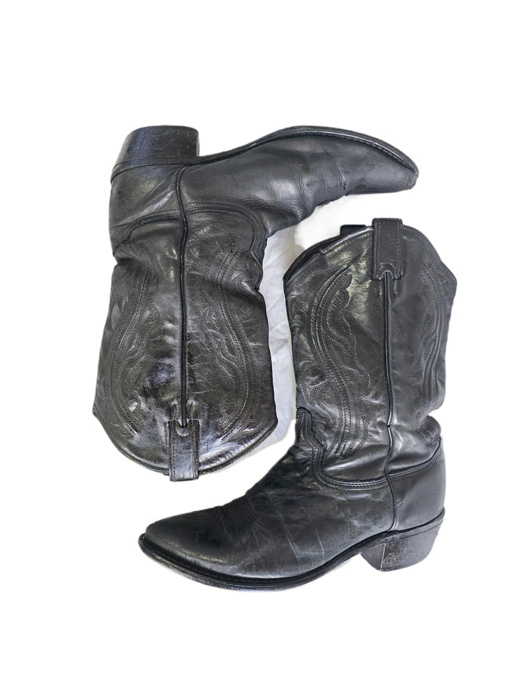 Vintage Black Leather Cowboy Boots Women UK 6-6.5, Western Cowgirl Boots US 8-8.5, Rustic Biker Boots, Genuine Leather Riding Boots 39-39.5