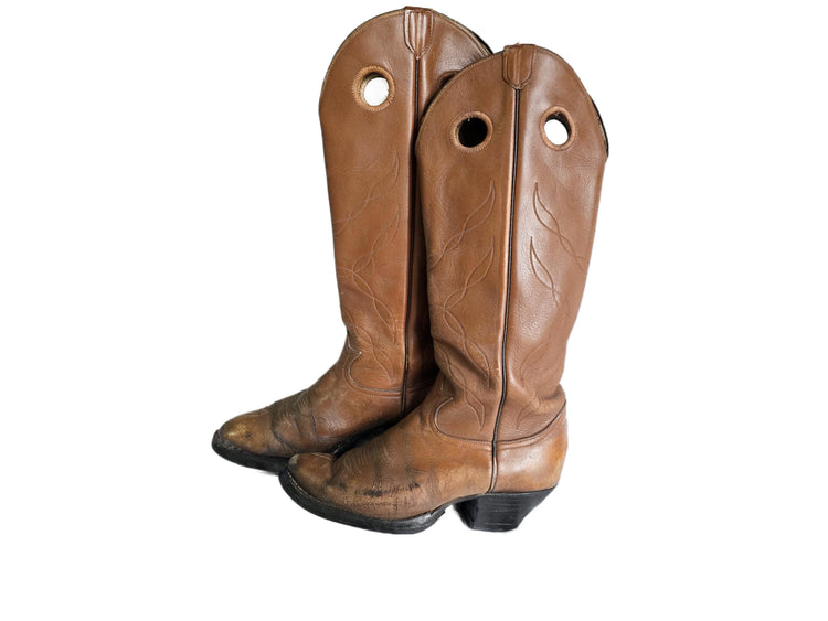 Tony Lama Cowboy Boots UK 6, Tan Brown Leather Western Boots US 8, Womens Knee High Cowgirl Boots, Rustic Boho Festival Boots