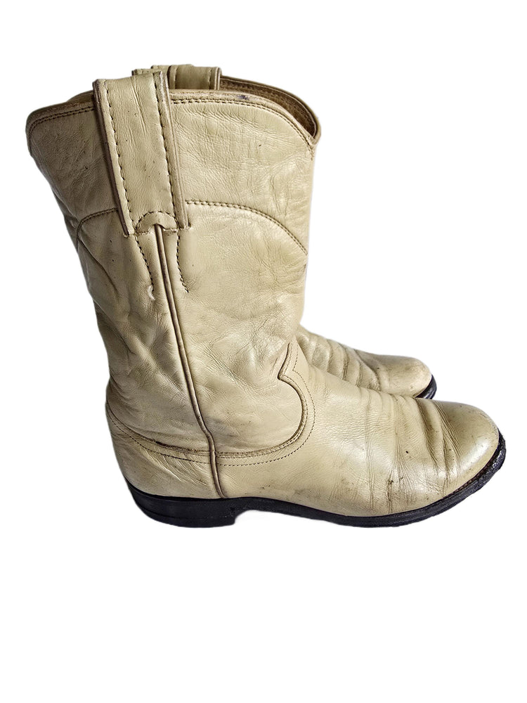 Distressed Beige Leather Western Boots Women US 6, Justin Cowboy Western Boots UK 4, Mid Calf Riding Boots, Rustic Festival Boots USA Made